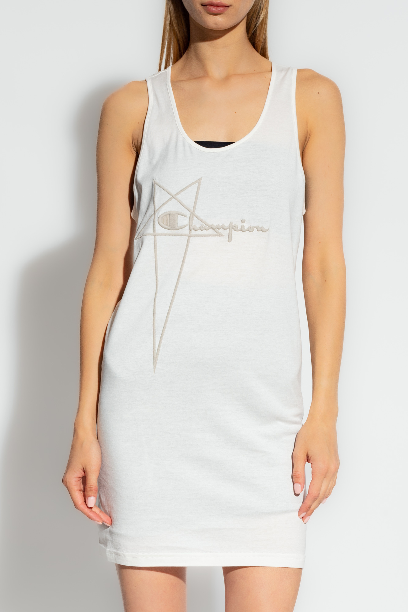 Rick Owens X Champion Logo Embroidered Sleeveless Shirt Dress In White