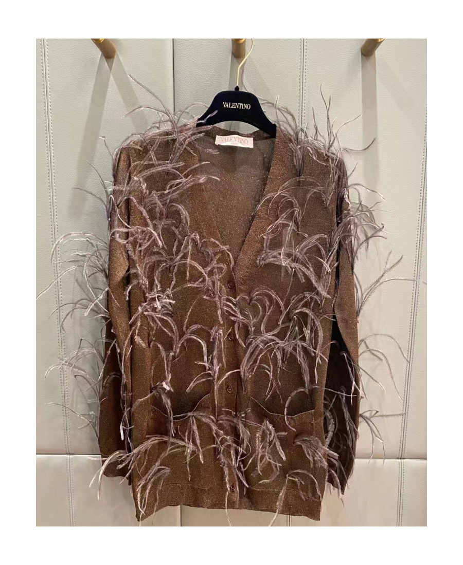 Valentino 'feather V-neck Sheer Cardigan With Ribbed Cuffs' In Black