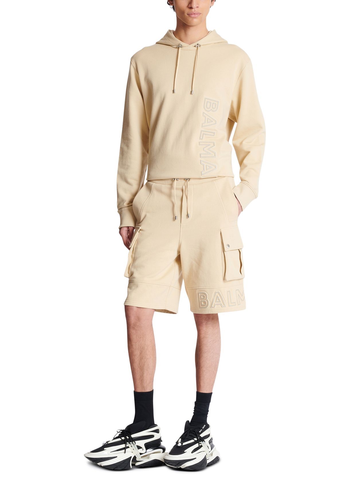 Shop Balmain Logo Shorts In Nude