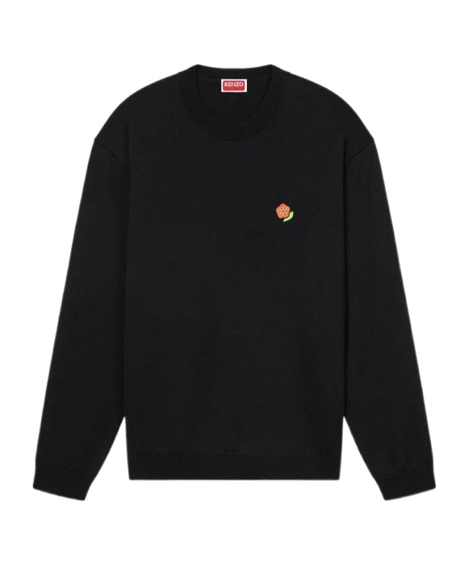 Kenzo Black Sweatshirt In Light Fllece With Broke Flower Embroidery To The Chest  Man In Black