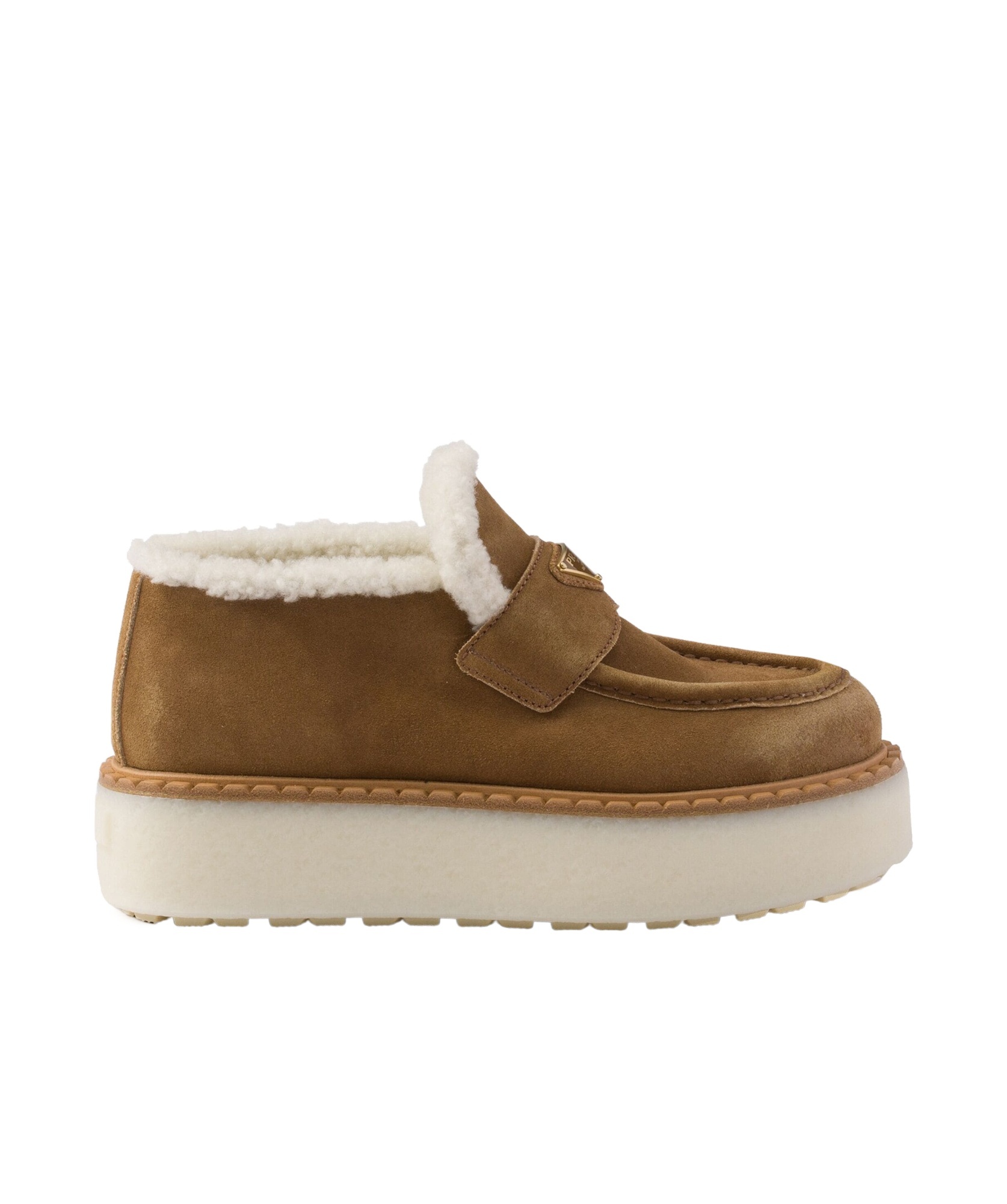 Prada Suede Shearling Flatform Loafers In Brown