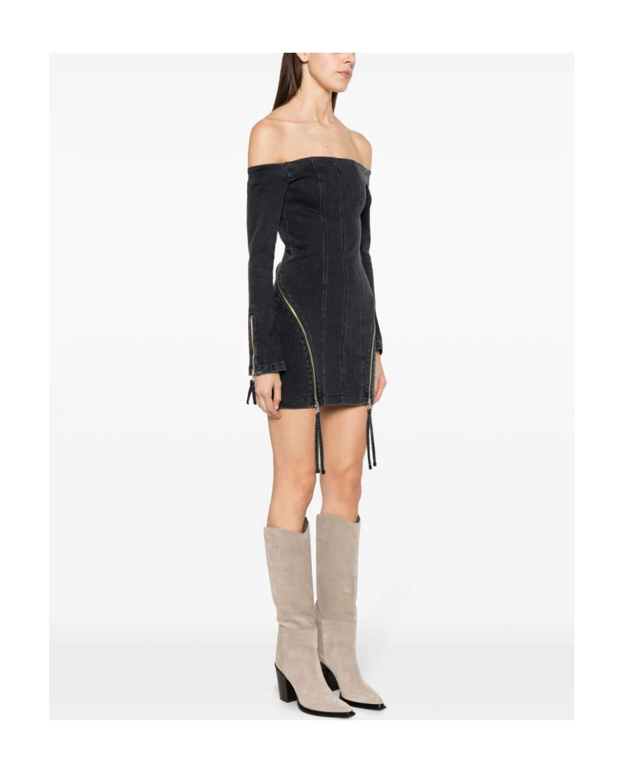 Blumarine Off-shoulder Zip-up Denim Dress In Black