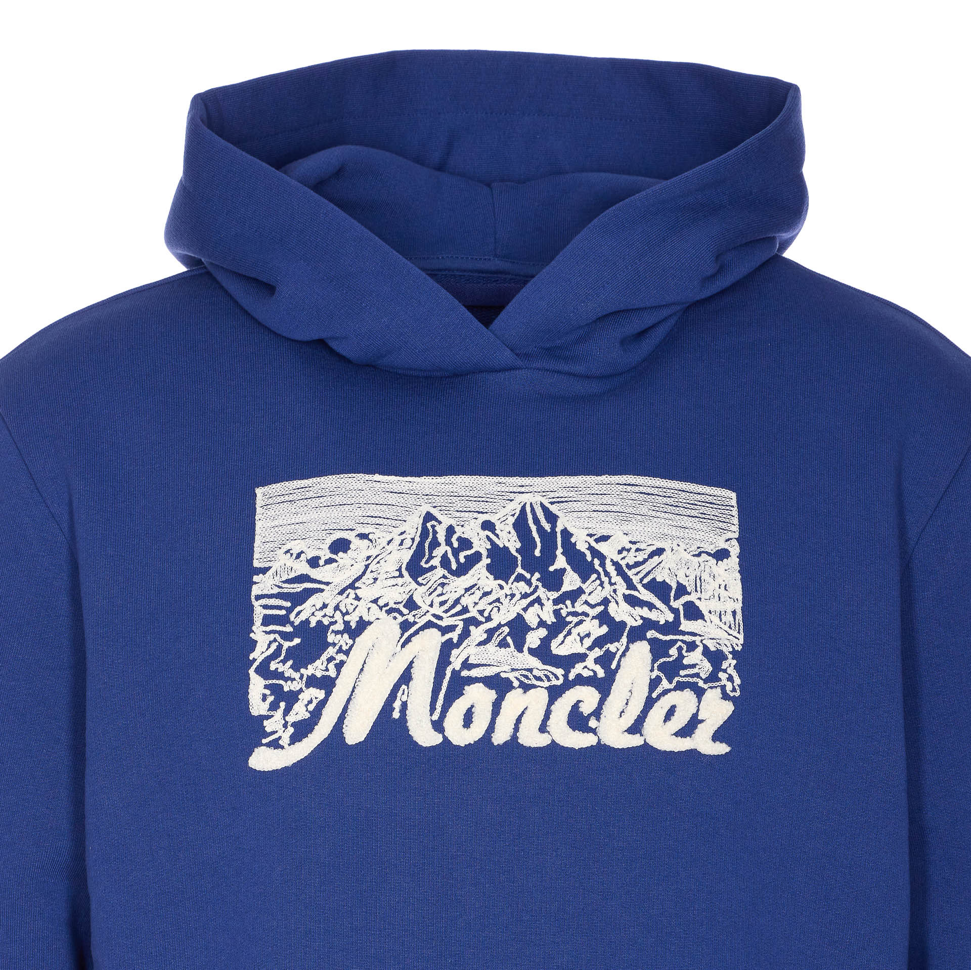 Moncler Embroidered Mountain Logo Cotton Hoodie In Blue