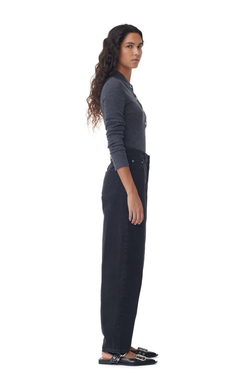 Ganni Black Pants With High Waist And Logo Patch On The Rear In Cotton Woman In Black