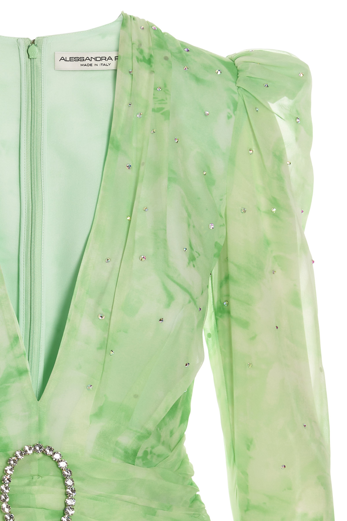 Alessandra Rich Gathered Crystal-embellished Printed Silk-georgette Mini Dress In Green