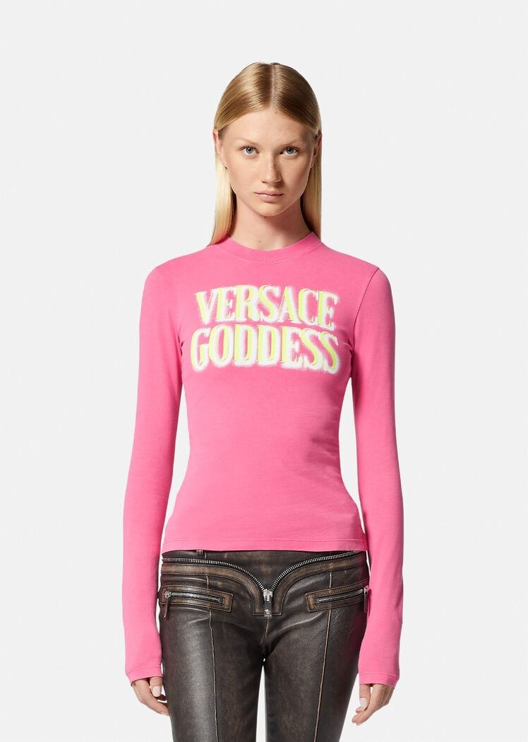 Versace Slogan-print Long-sleeve T-shirt In Pink