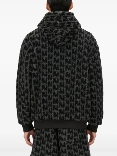 Msgm Towelled Finish Logo-patterned Zipped Hoodie In Black