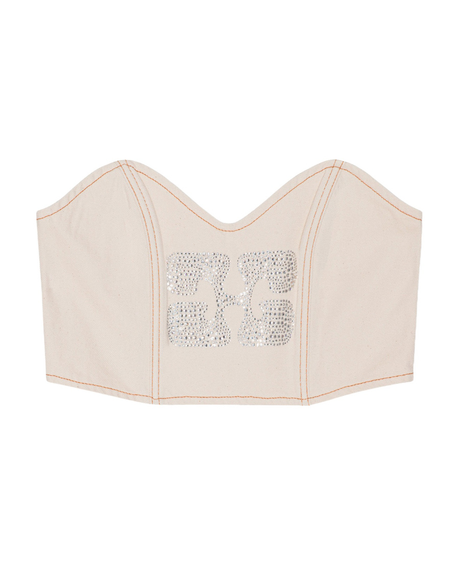Ganni Crystal-embellished Logo Denim Crop-top In White