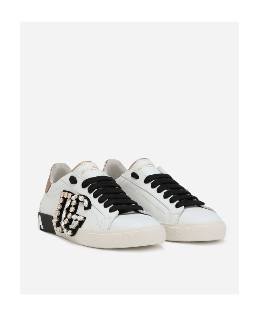Dolce & Gabbana Portofino Vintage Leather Sneakers With Rhinestone Dg In White