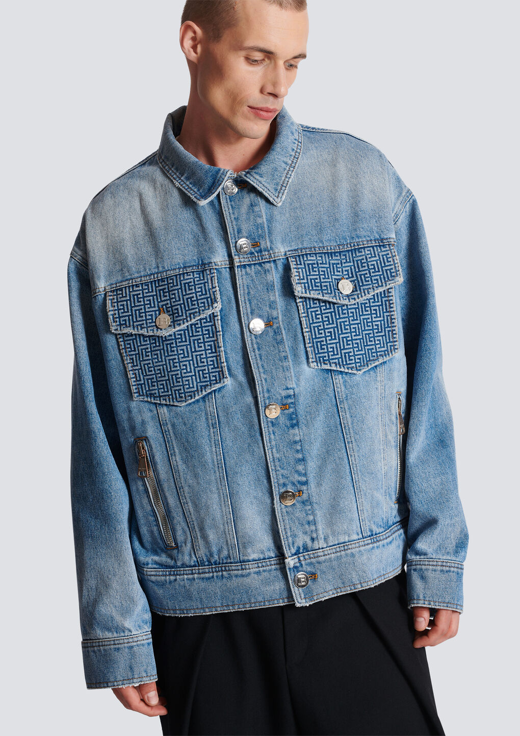 Shop Balmain Denim Jacket With Logo In Blue
