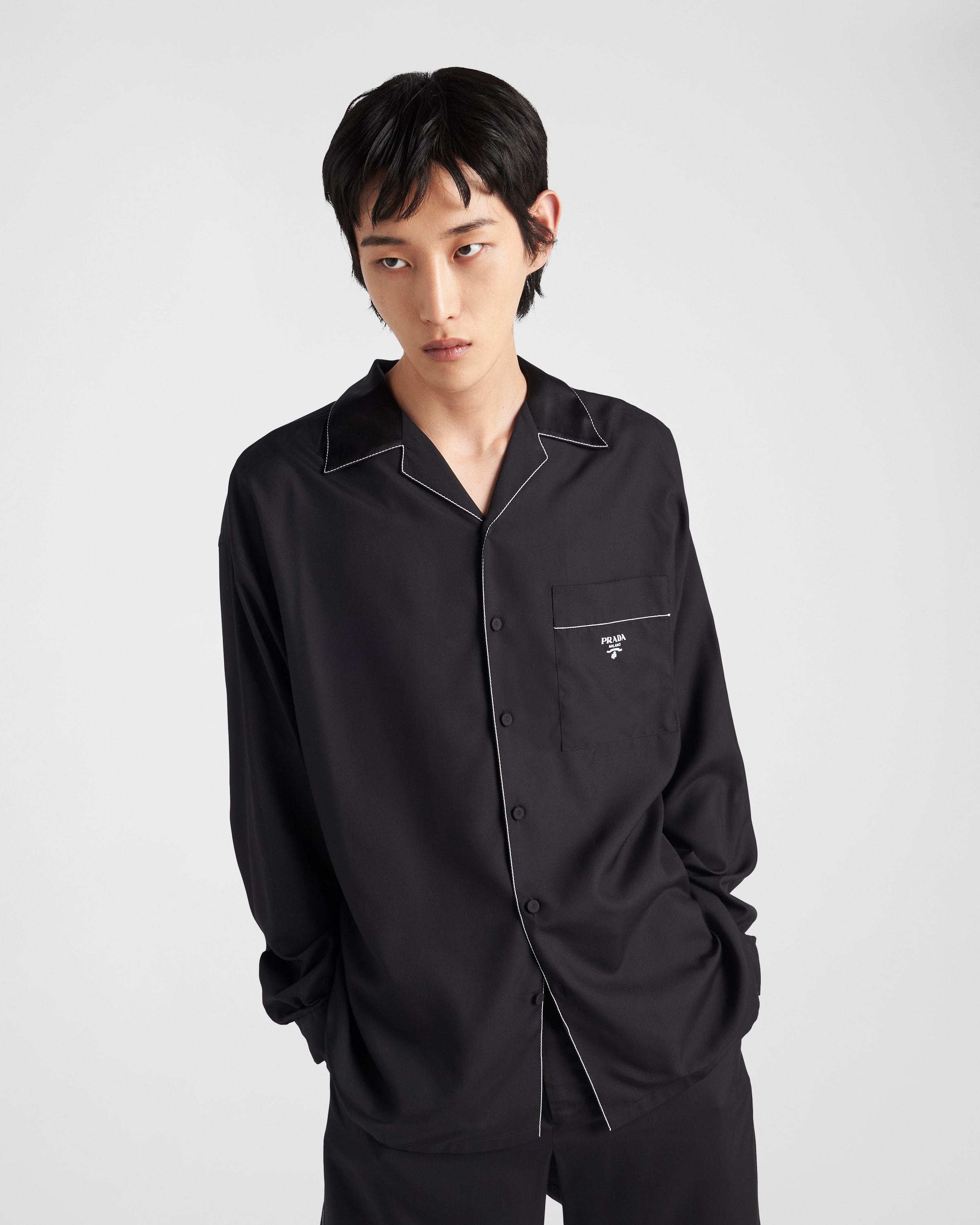 Prada Contrast-trim Silk Pajama Shirt In Black