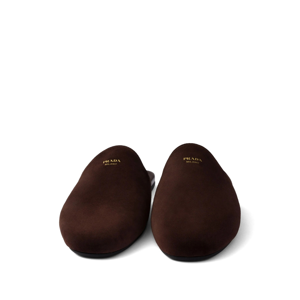 Prada Round Toe Flat Slippers In Brown