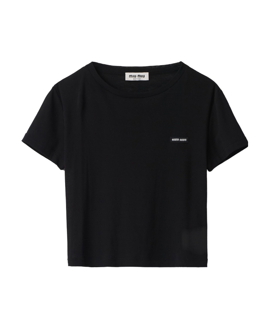 Miu Miu Cotton T Shirt Crew Neck Cropped Sheer In Black