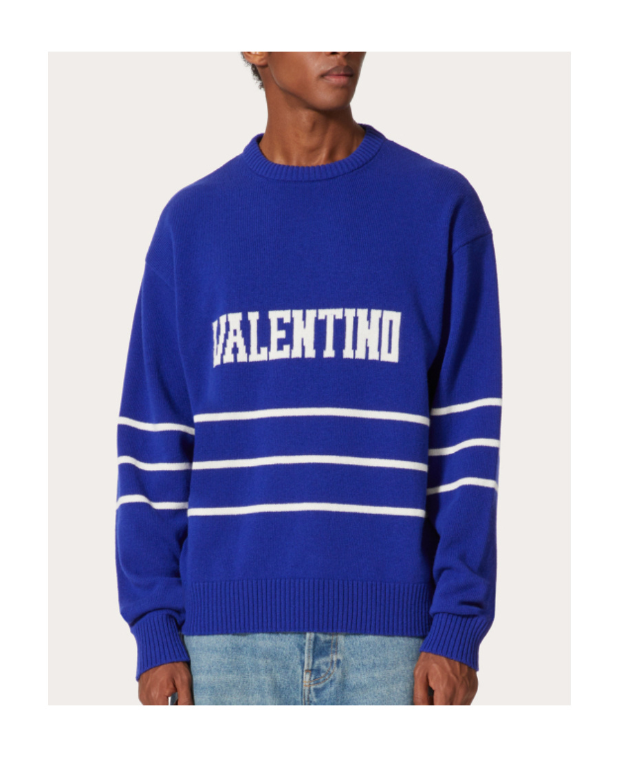Valentino Garavani Man Sweater Blue Size L Virgin Wool In Blue
