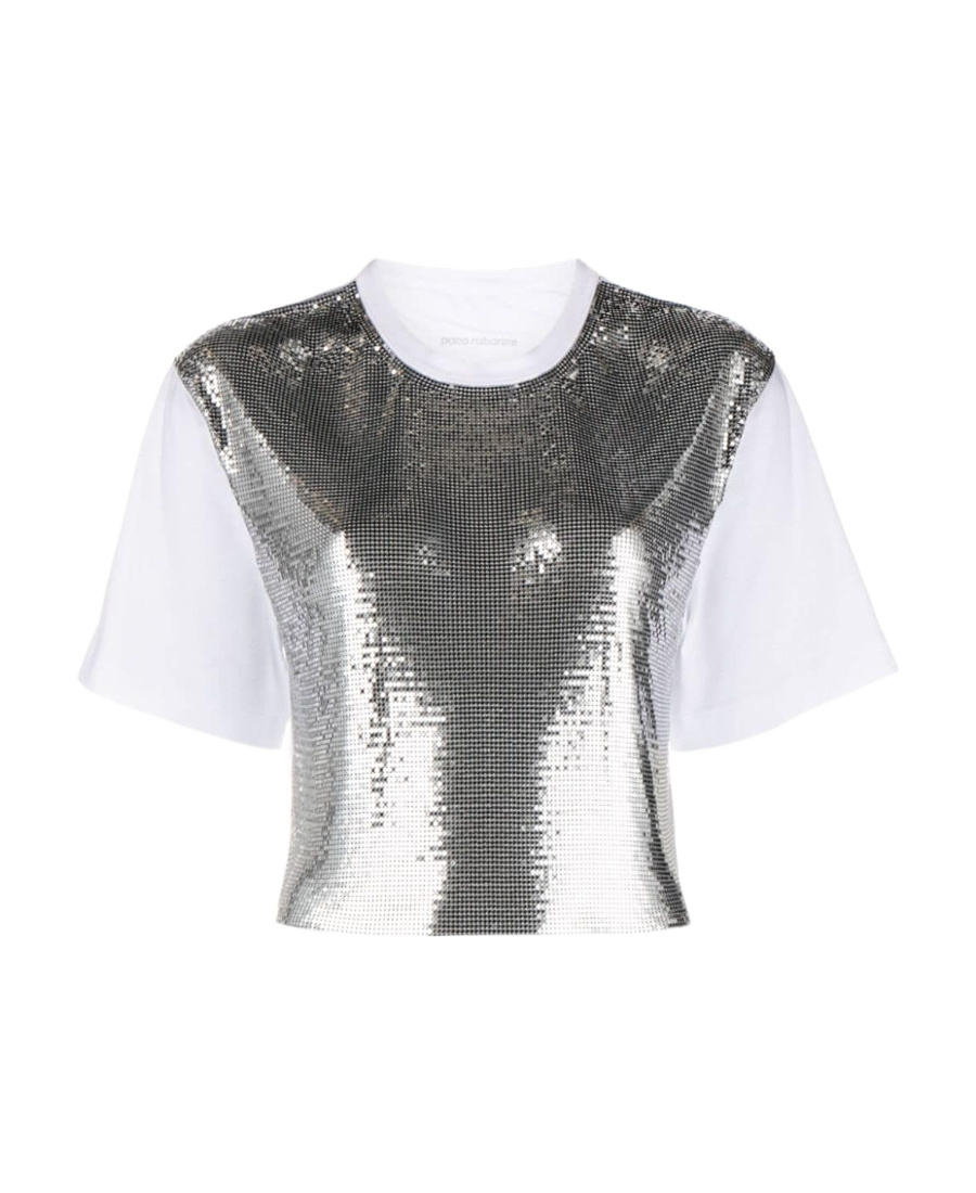 Rabanne Cropped Cotton-jersey And Chainmail T-shirt In White