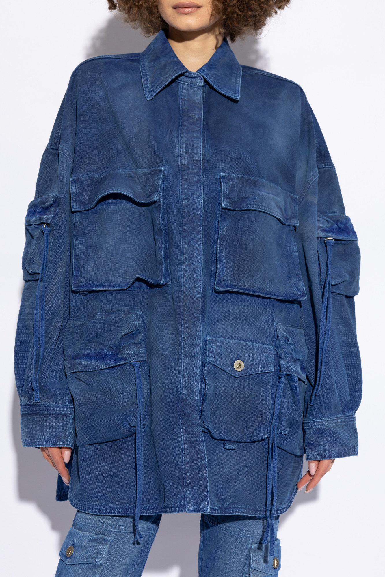 Attico Drawstring Collared Neck Jacket Front Pockets In Blue