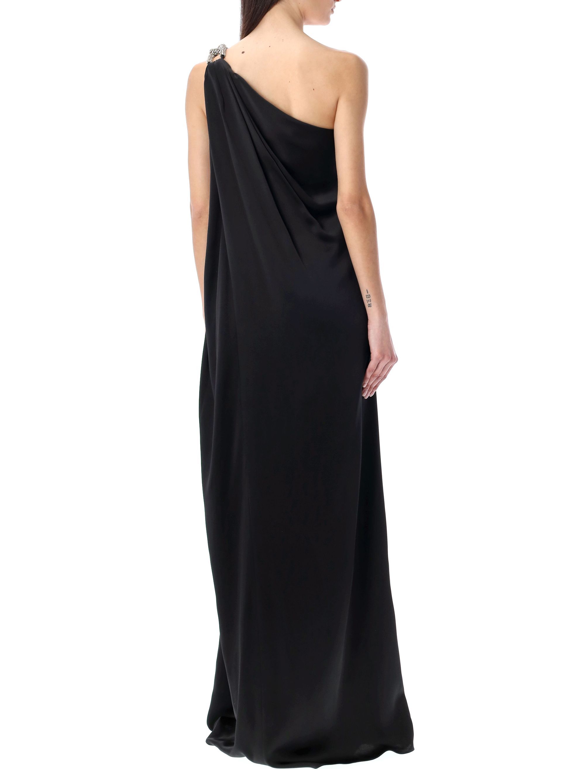 Stella Mccartney Falabella One-shoulder Crystal-embellished Satin Gown In Black