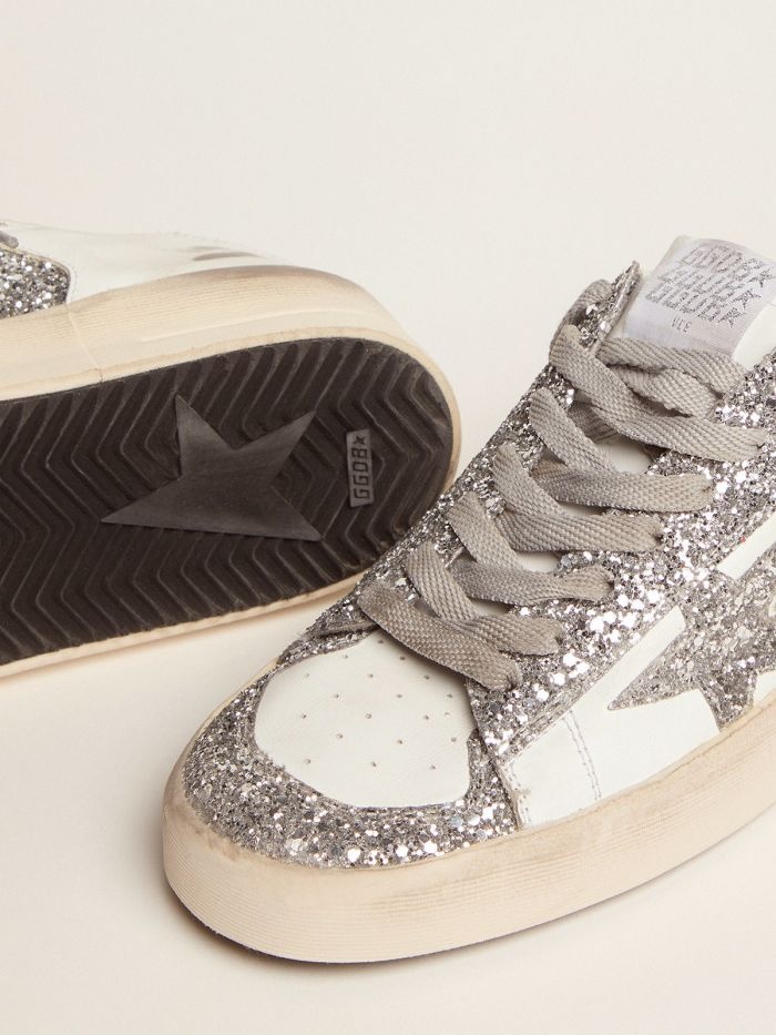 Shop Golden Goose Stardan Sneakers In White Leather And Silver Glitter In Nude