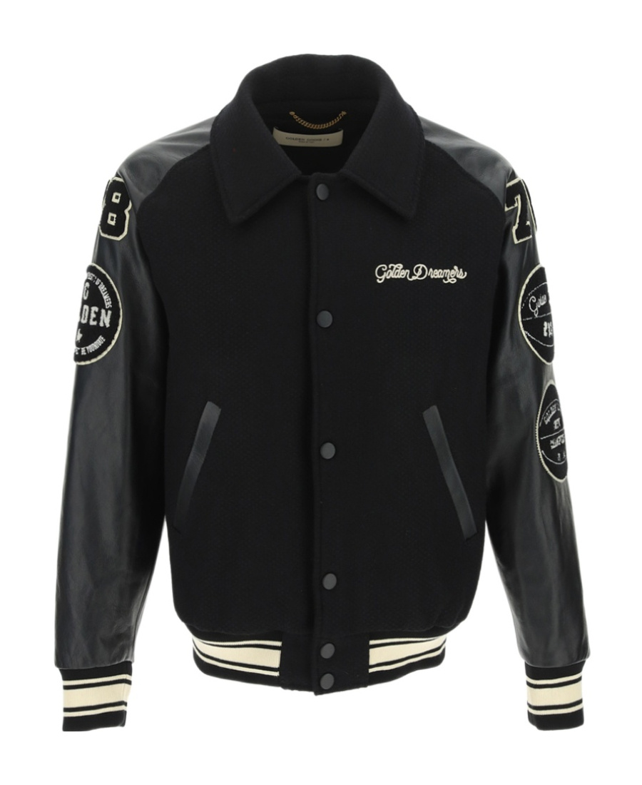 Golden Goose Bomber Compact Cloth Wool Blend Leather Sleeves College Patches Clothing In Black