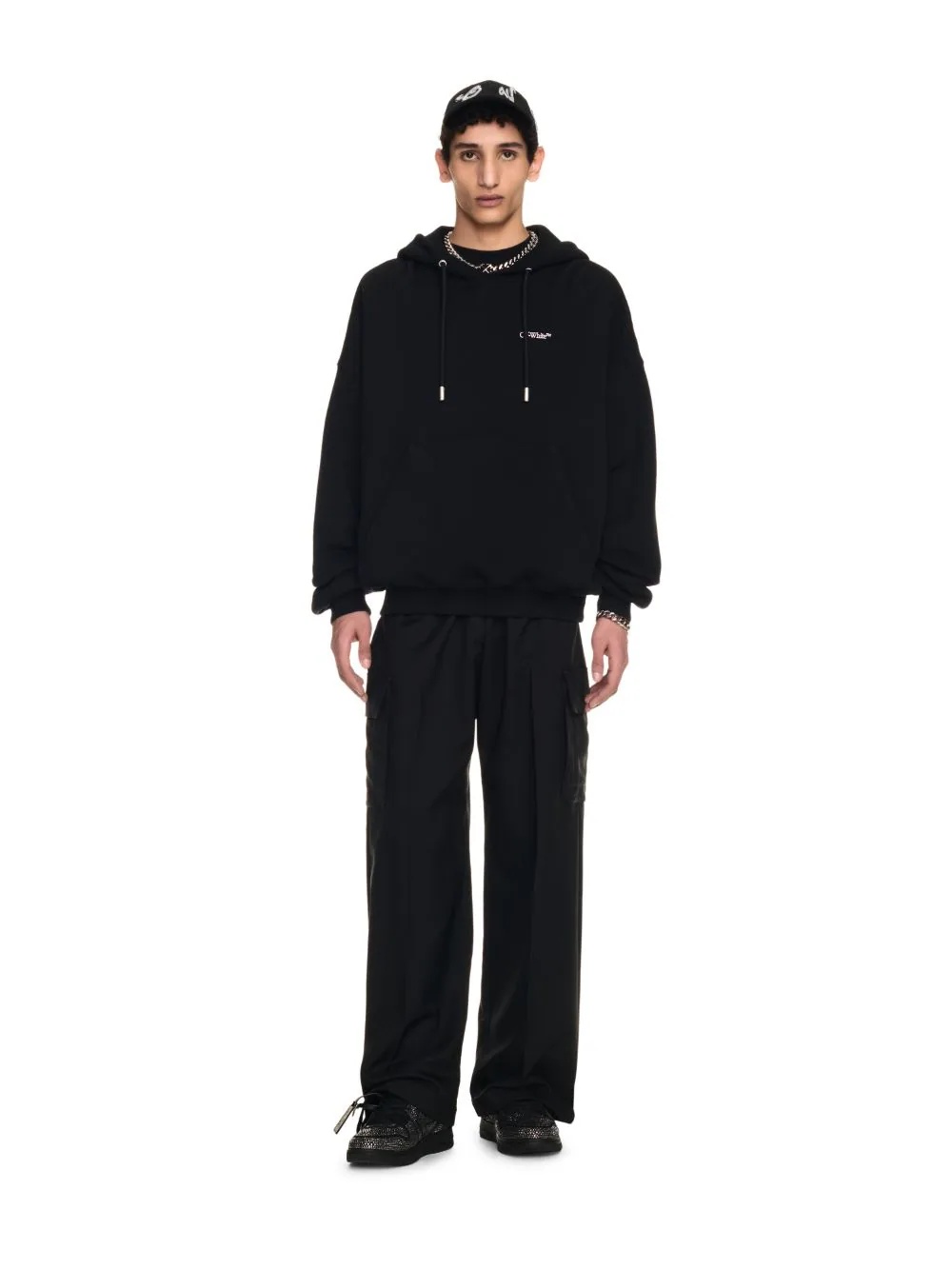 Shop Off-white Logo-embroidered Cotton Hoodie In Black