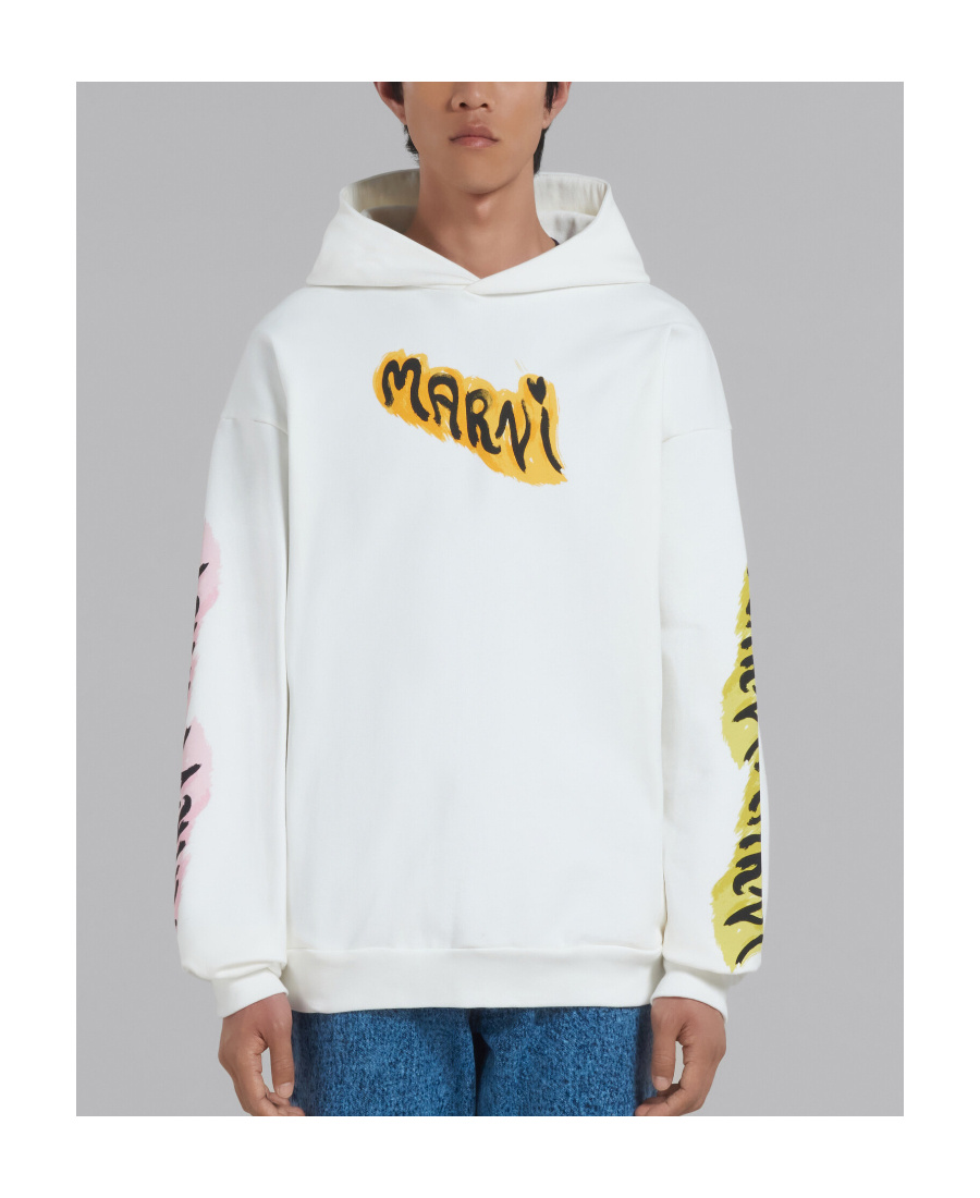 Marni White Bio Cotton Hoodie With Graffiti Prints In White