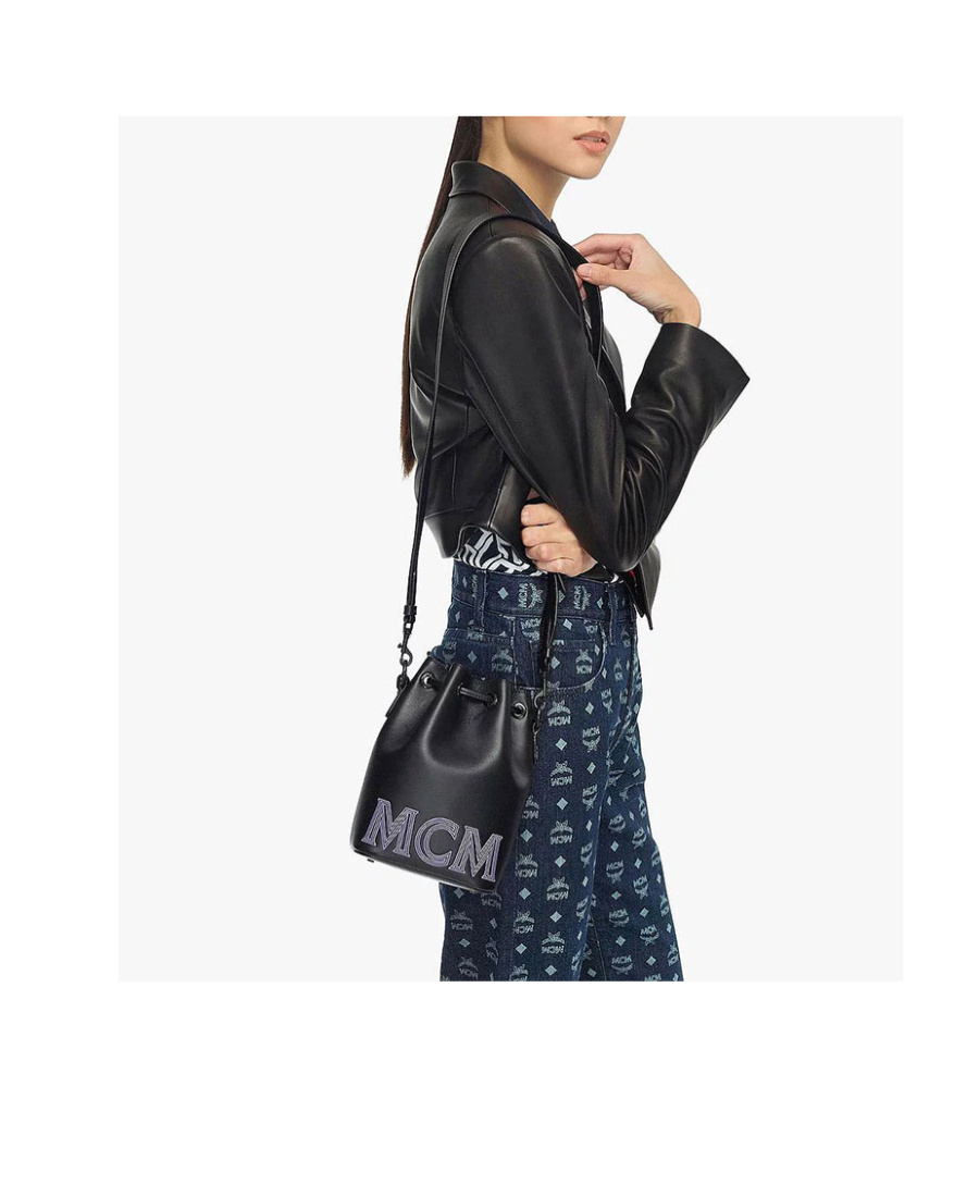 Mcm Mini Logo-print Drawstring Bucket Bag In Black