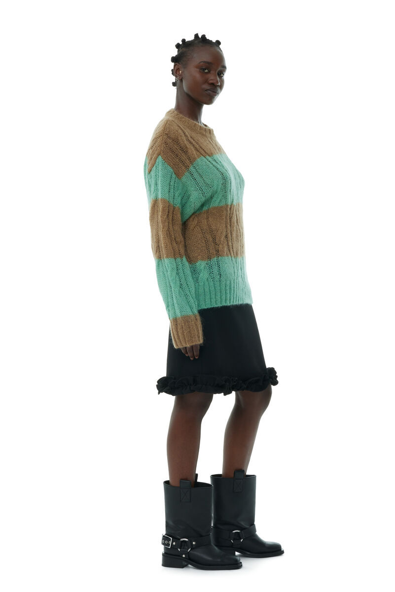 Shop Ganni Striped Mohair Cable O-neck Sweater In Green