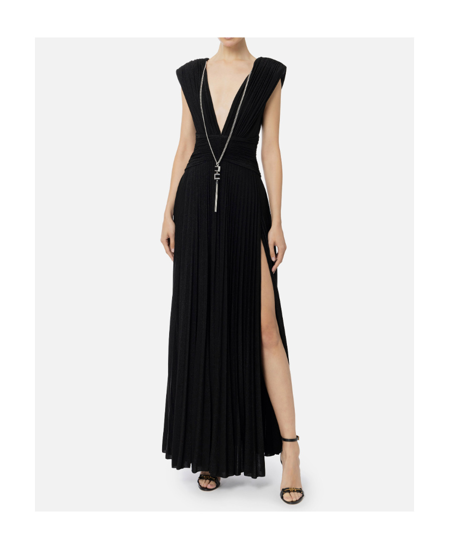 Elisabetta Franchi Lurex Pleated Maxi Dress In Black