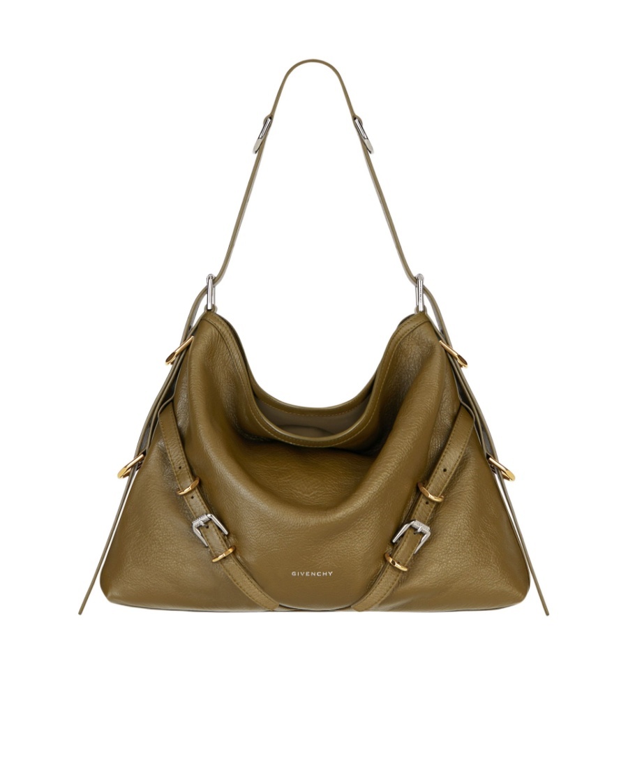 Givenchy Voyou Medium Shoulder Bag In Tumbled Leather In Deep Khaki