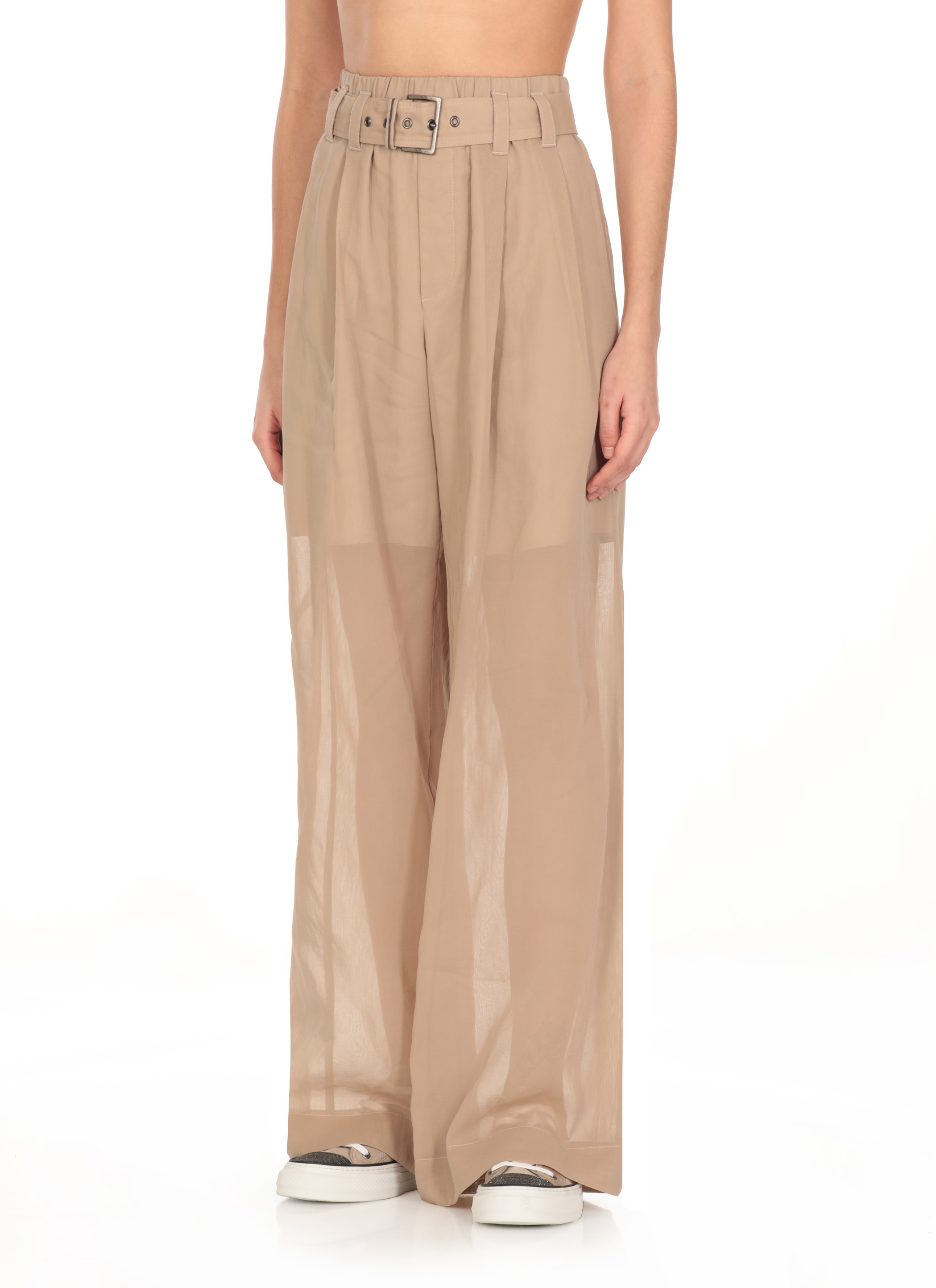 Brunello Cucinelli Trouser With Belt And Monili Detail In Nude