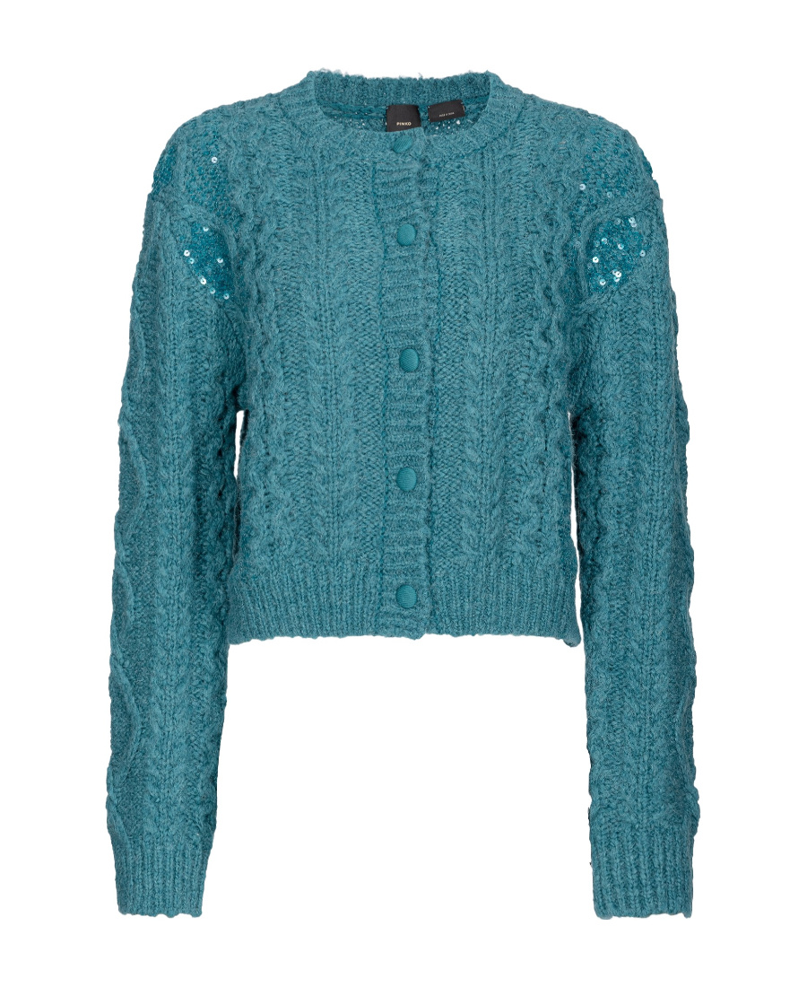 Pinko Cable-knit Sequinned Cardigan In Blue