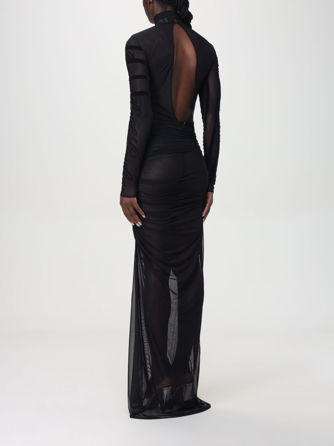 JEAN PAUL GAULTIER FLOCKED-STRIPE MESH MAXI DRESS