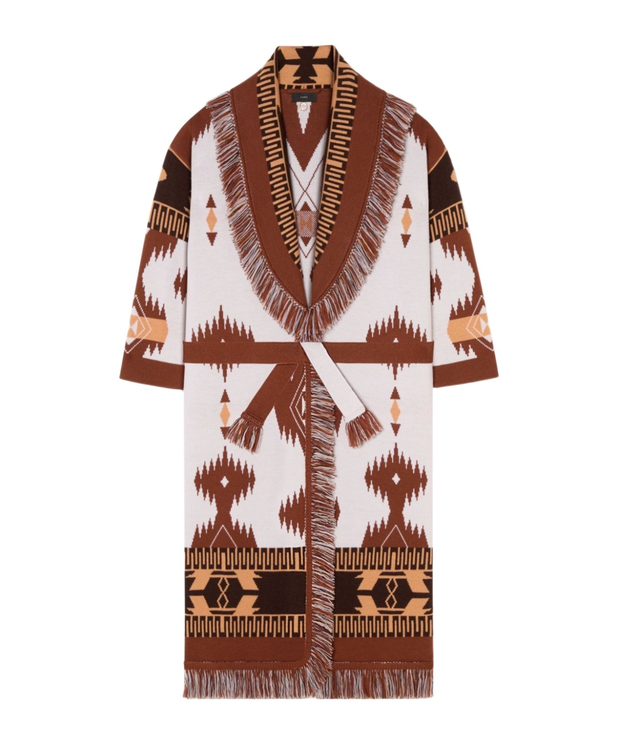 Alanui Icon Jacquard Fringe Belted Cashmere Cardigan In Brown