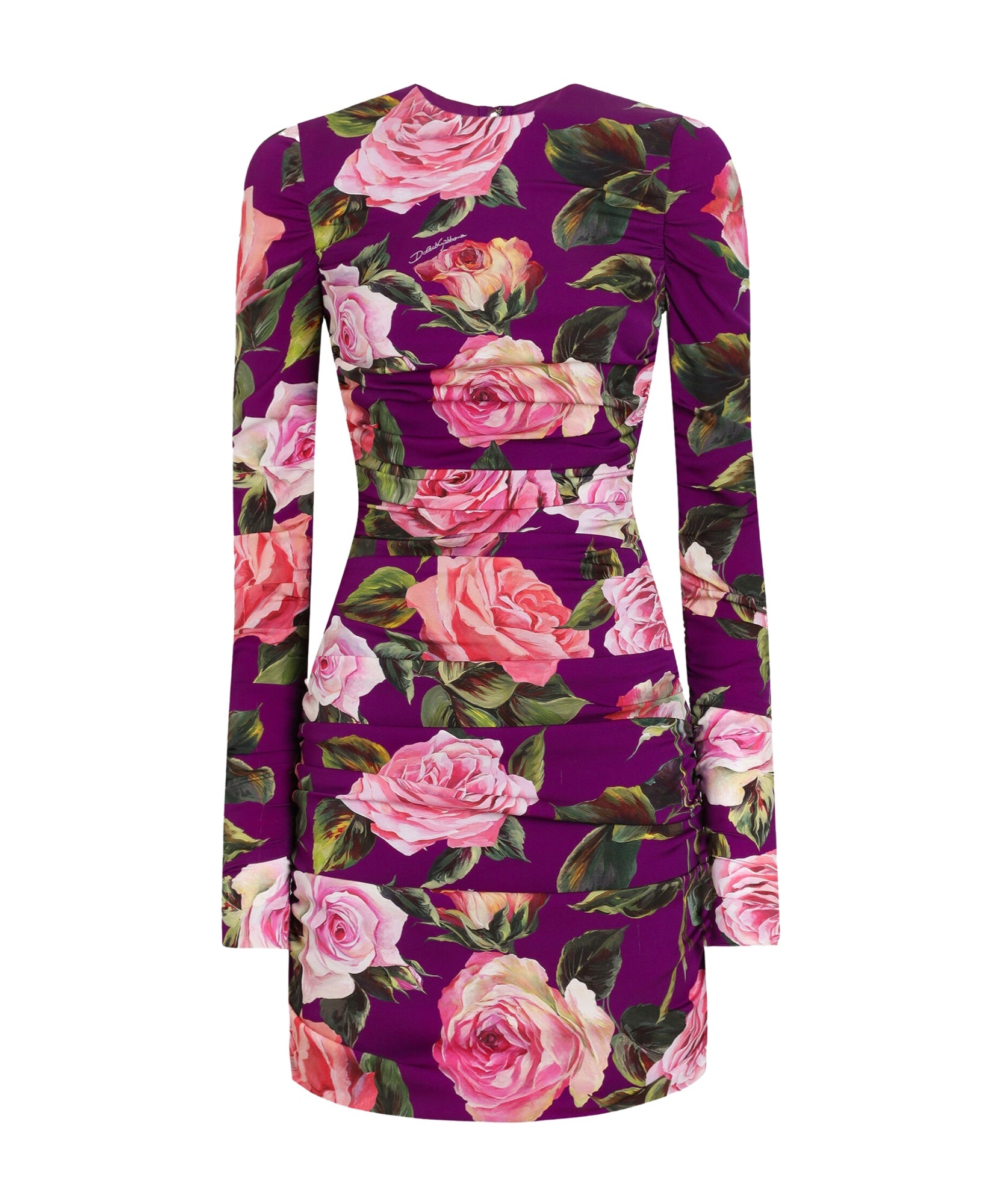 Dolce & Gabbana Charmeuse Midi Sheath Dress With Draping And Rose Print In Multicolor