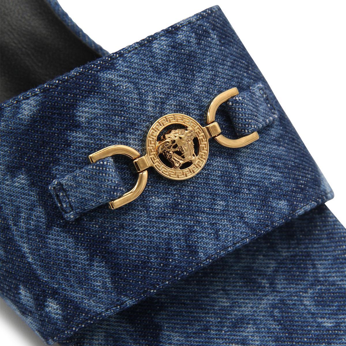 Versace 55mm Denim Mules In Blue