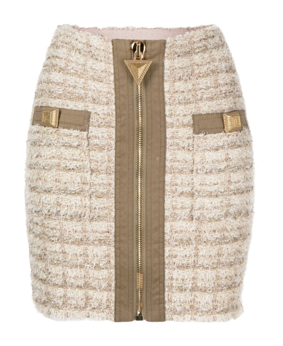 Balmain Button Embellished Front Zip Tweed Mini Skirt In Nude