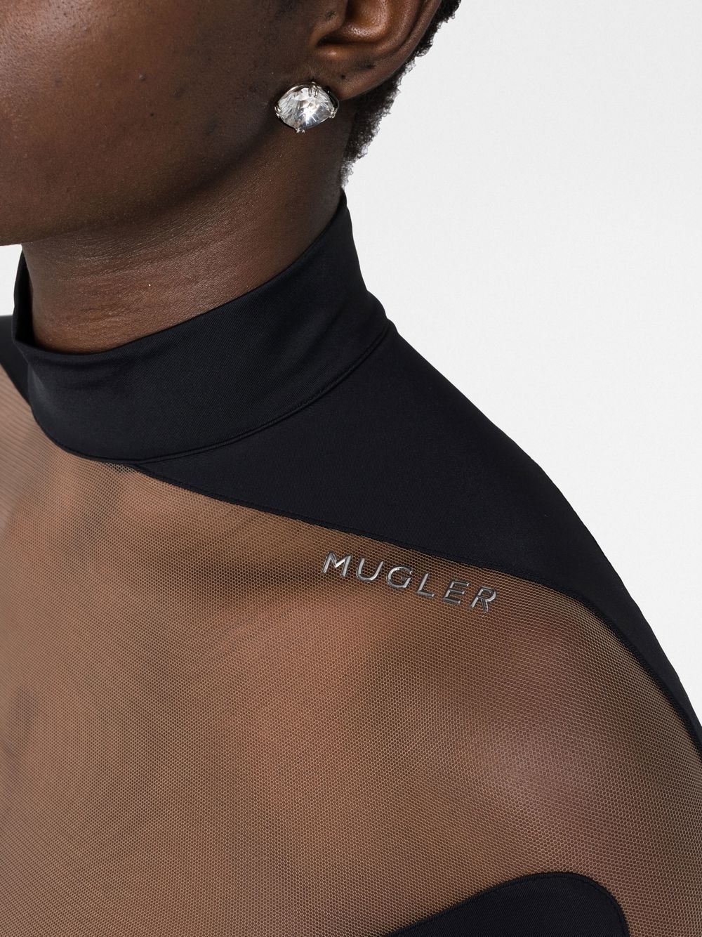 Mugler Star-print Mesh Bodysuit In Black
