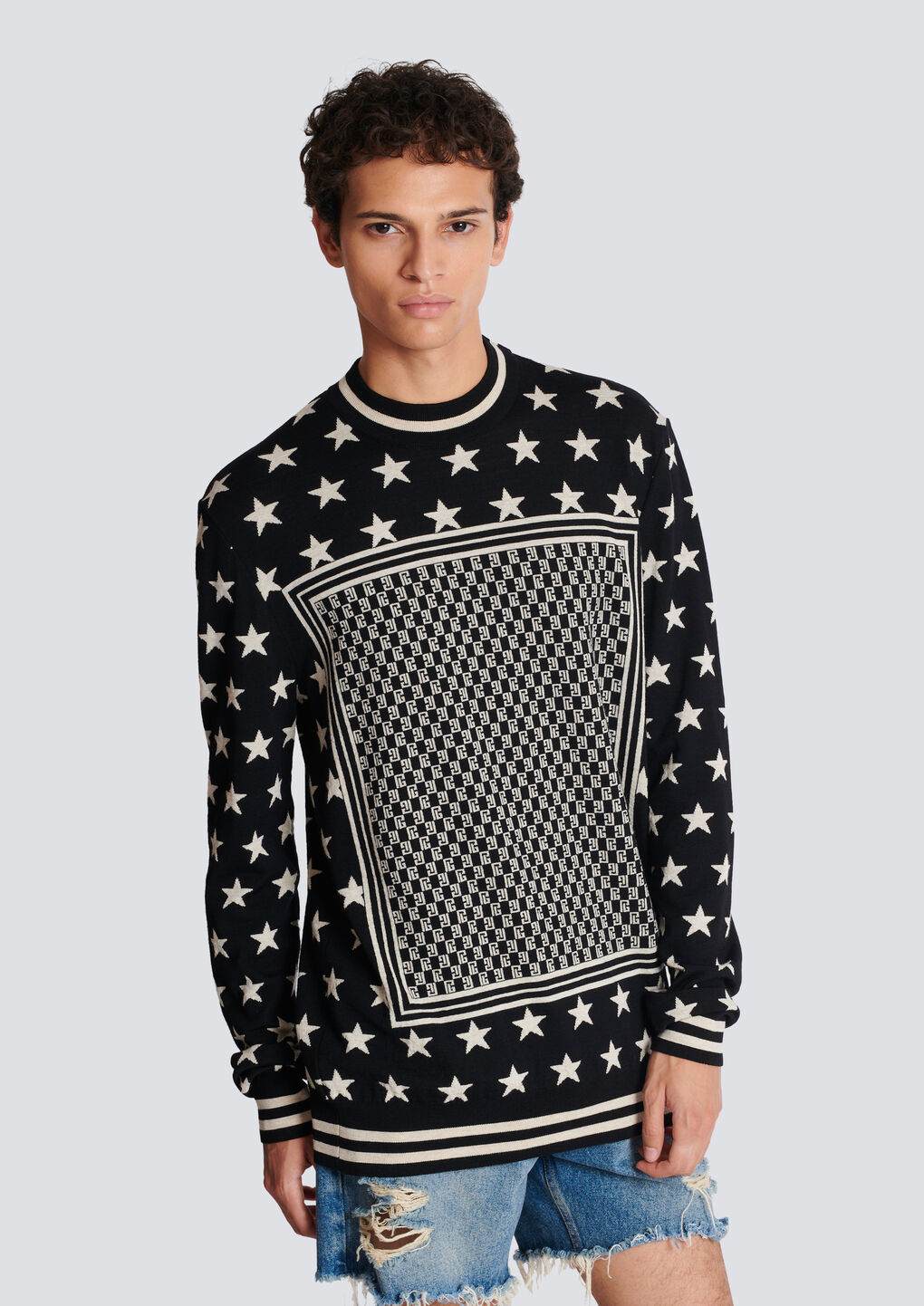 Shop Balmain Mini Monogram Stars Jumper In Black