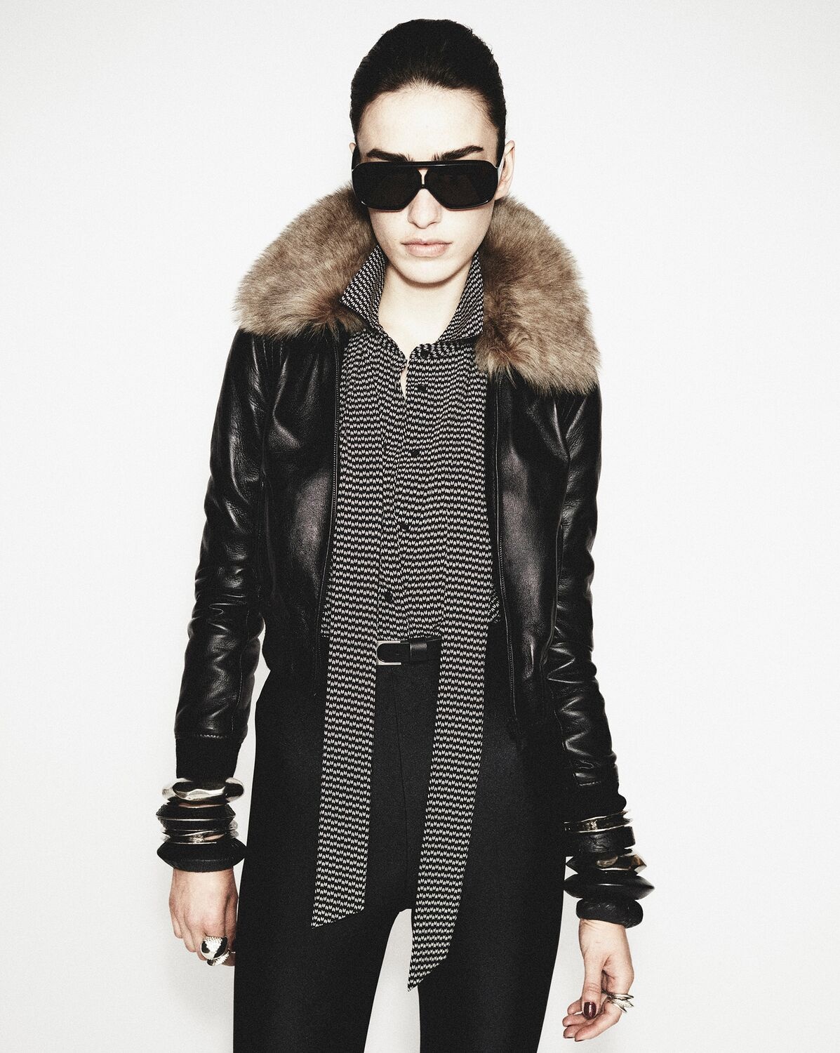 Saint Laurent Faux-fur Collar Cropped Leather Jacket In Black