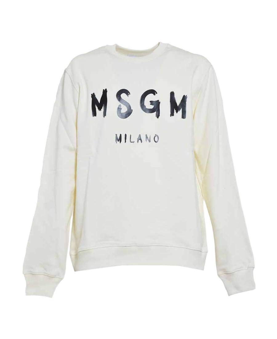 Msgm Cream Cotton Crewneck Sweatshirt With Brush Logo Print In White