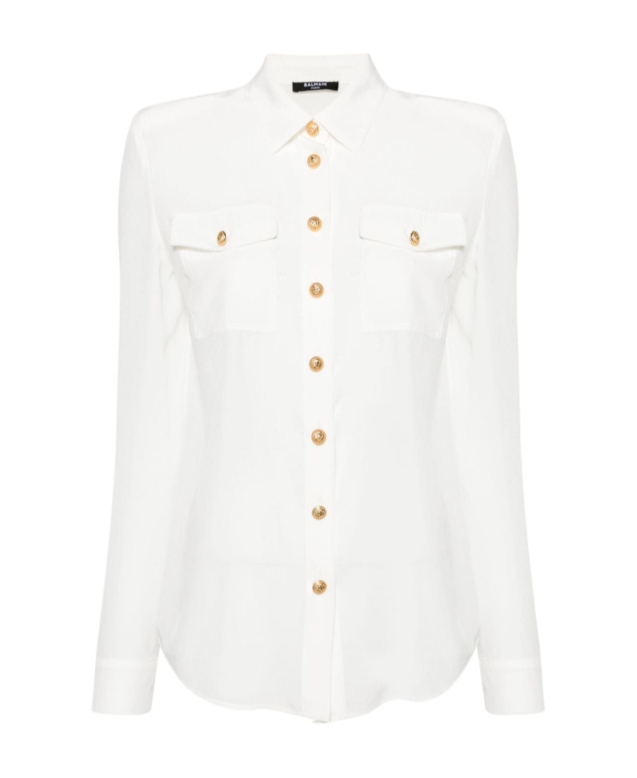 Balmain Button-embellished Silk Crepe De Chine Shirt In White