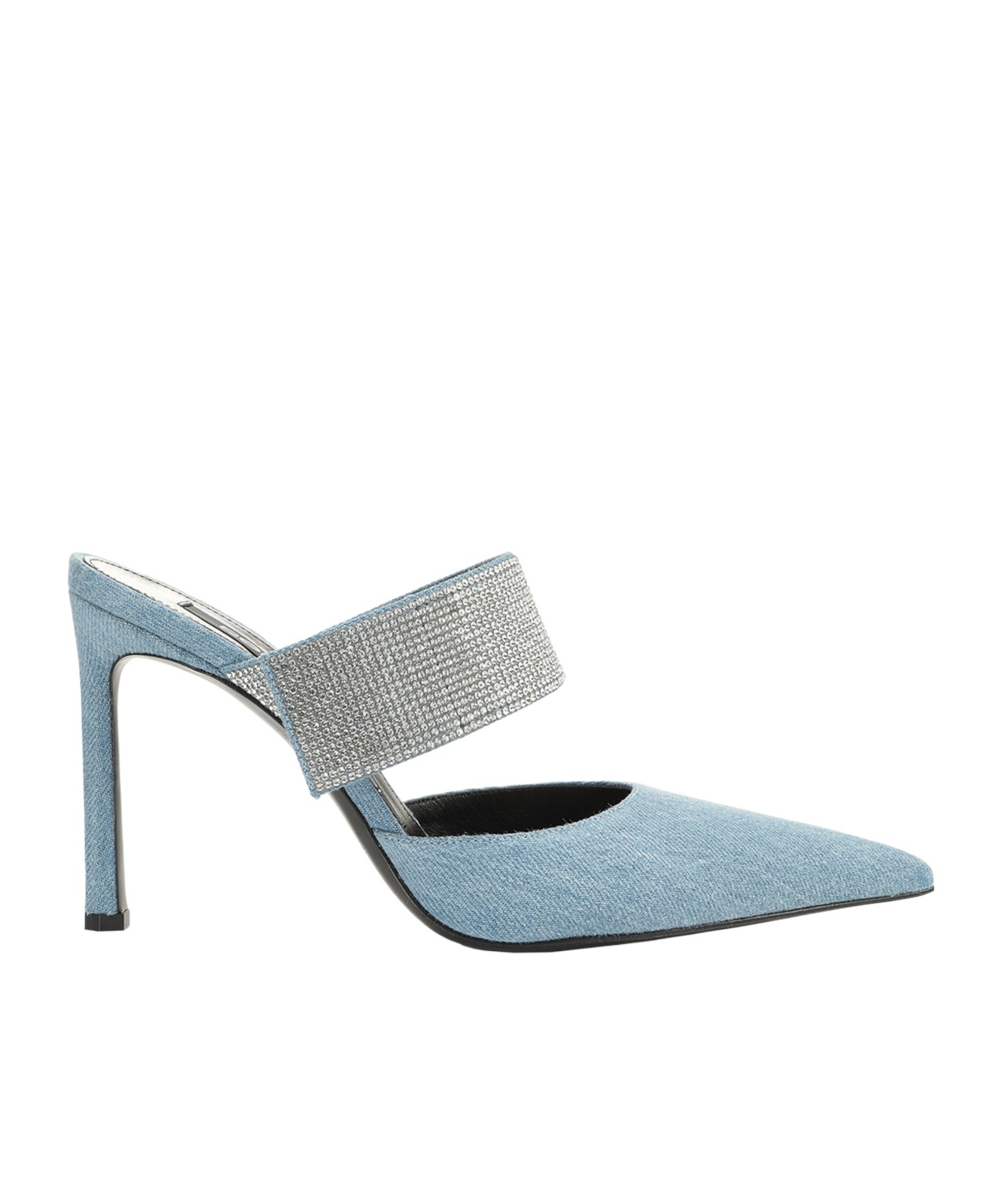 Sergio Rossi Stiletto Heel Denim Mules With Rhinestone Strap In Gray