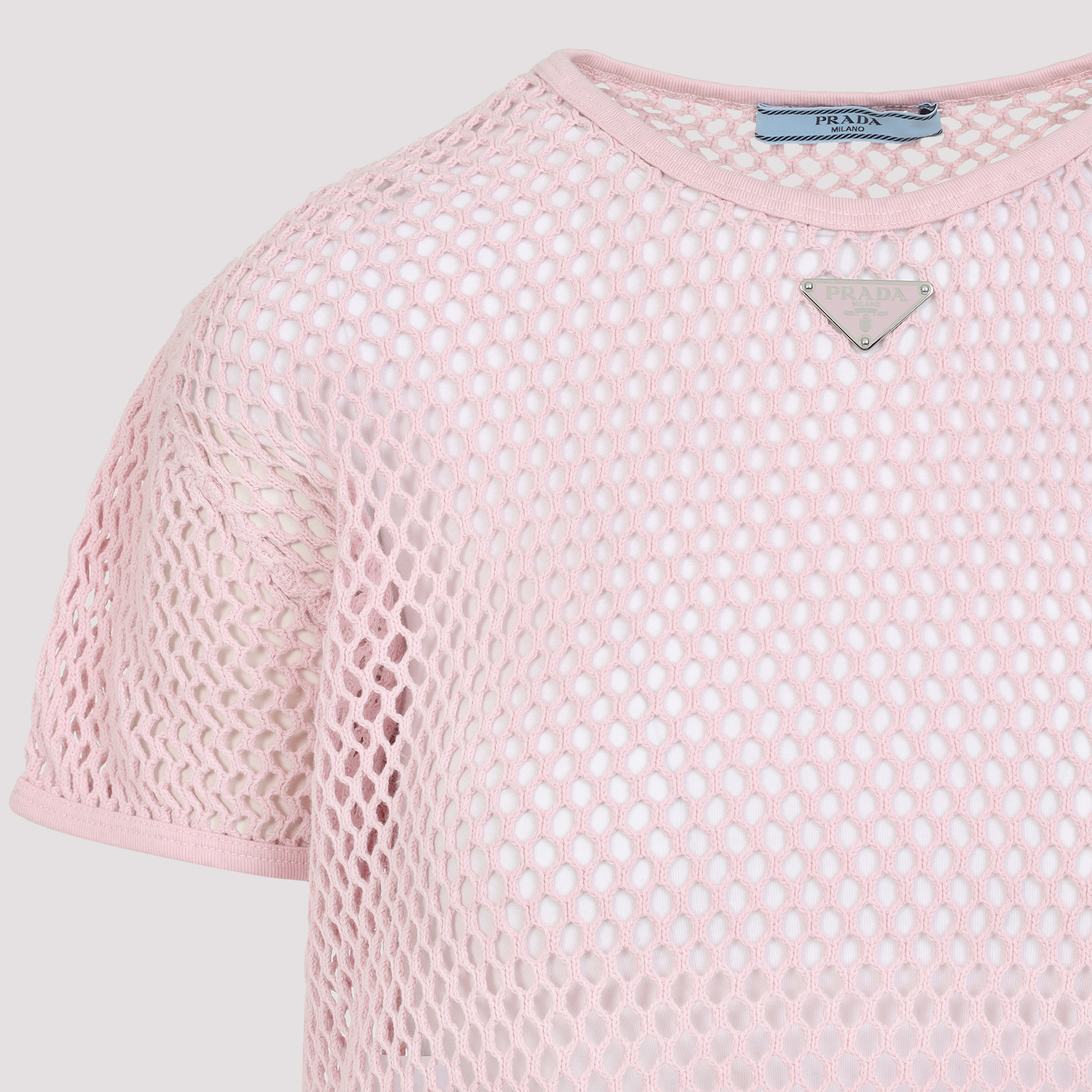 Prada Triangle Logo Net Cropped T-shirt In Pink