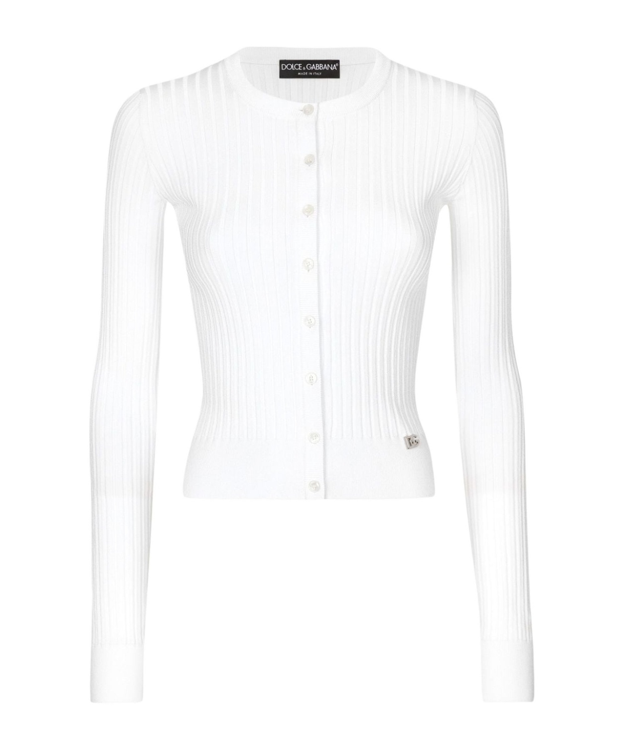 Dolce & Gabbana Ribbed Viscose Cardigan With Metal Dg Logo Pin In White