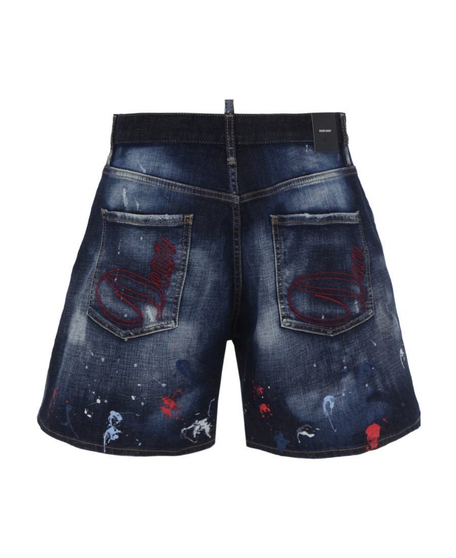 Dsquared2 Paint-splatter Wide-cut Denim-shorts In Blue
