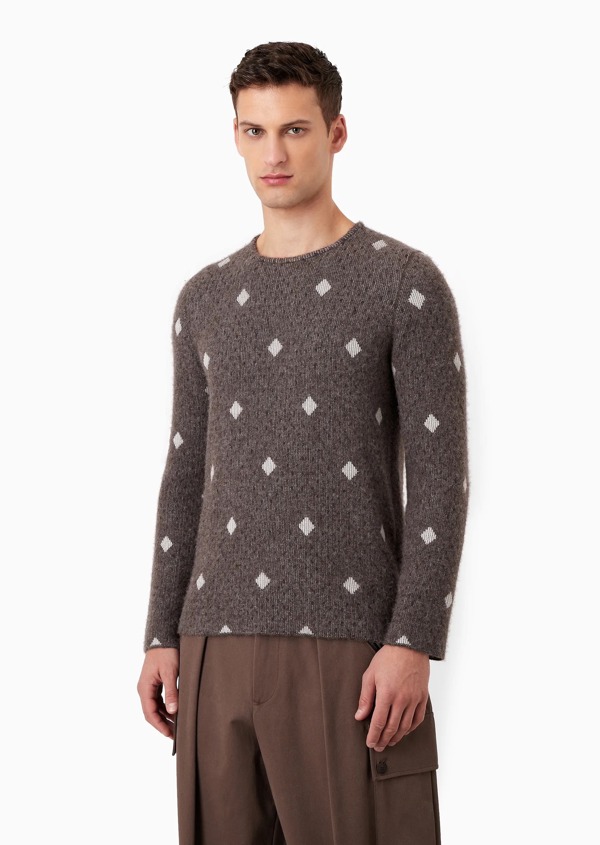 Giorgio Armani Diamond-jacquard Crew-neck Jumper In Brown