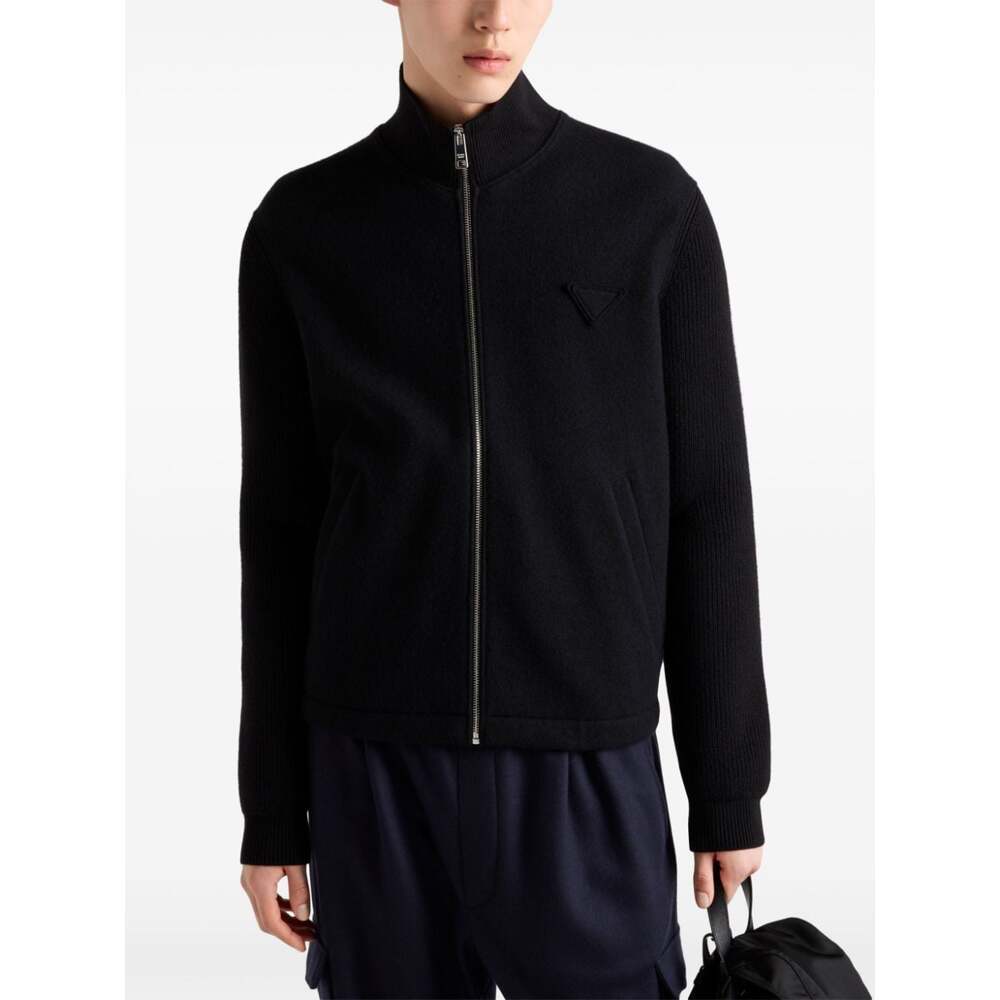 Prada Stretch Wool Blend Cardigan With Front Pockets In Black