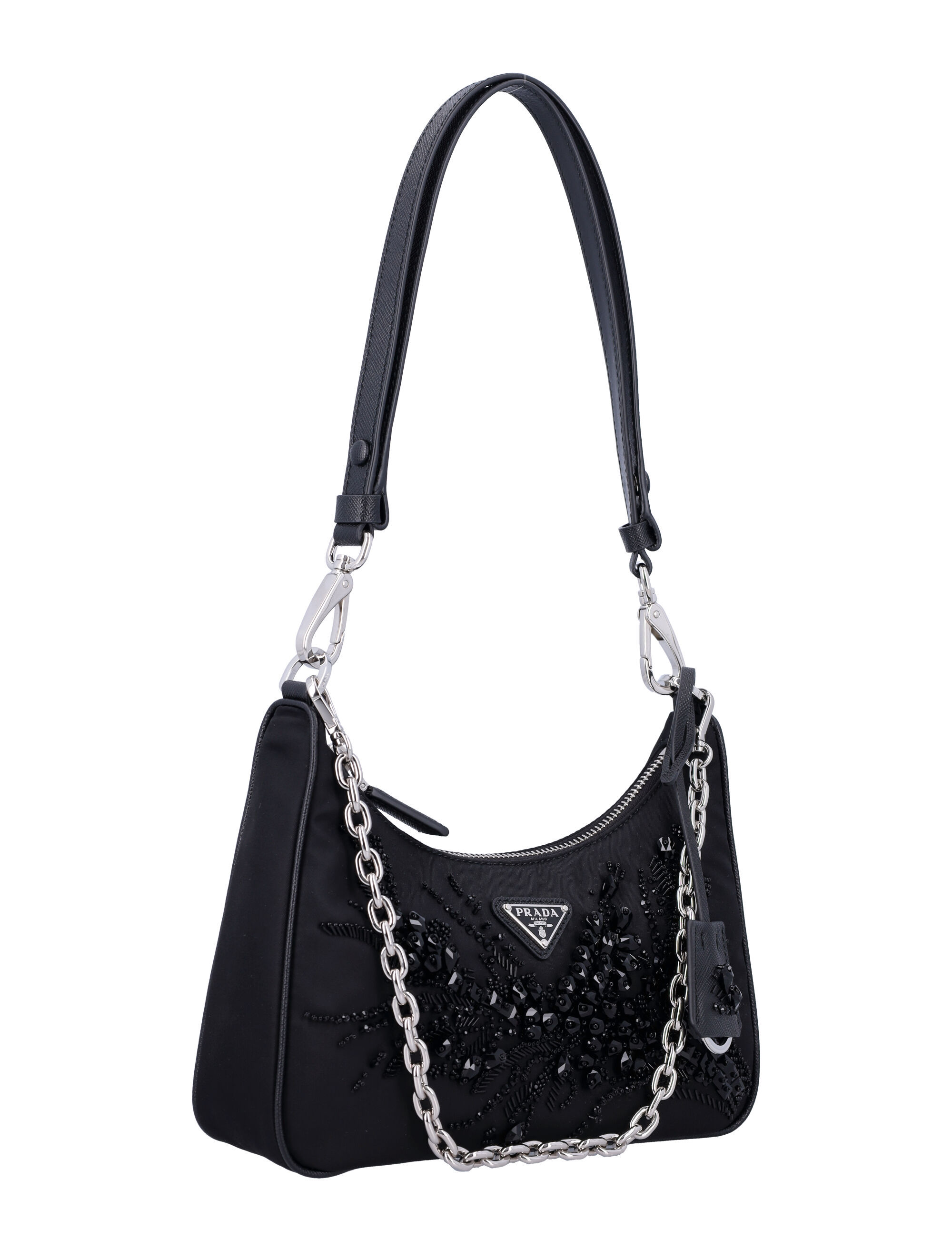 Prada Embellished Zipped Shoulder Bag In Black