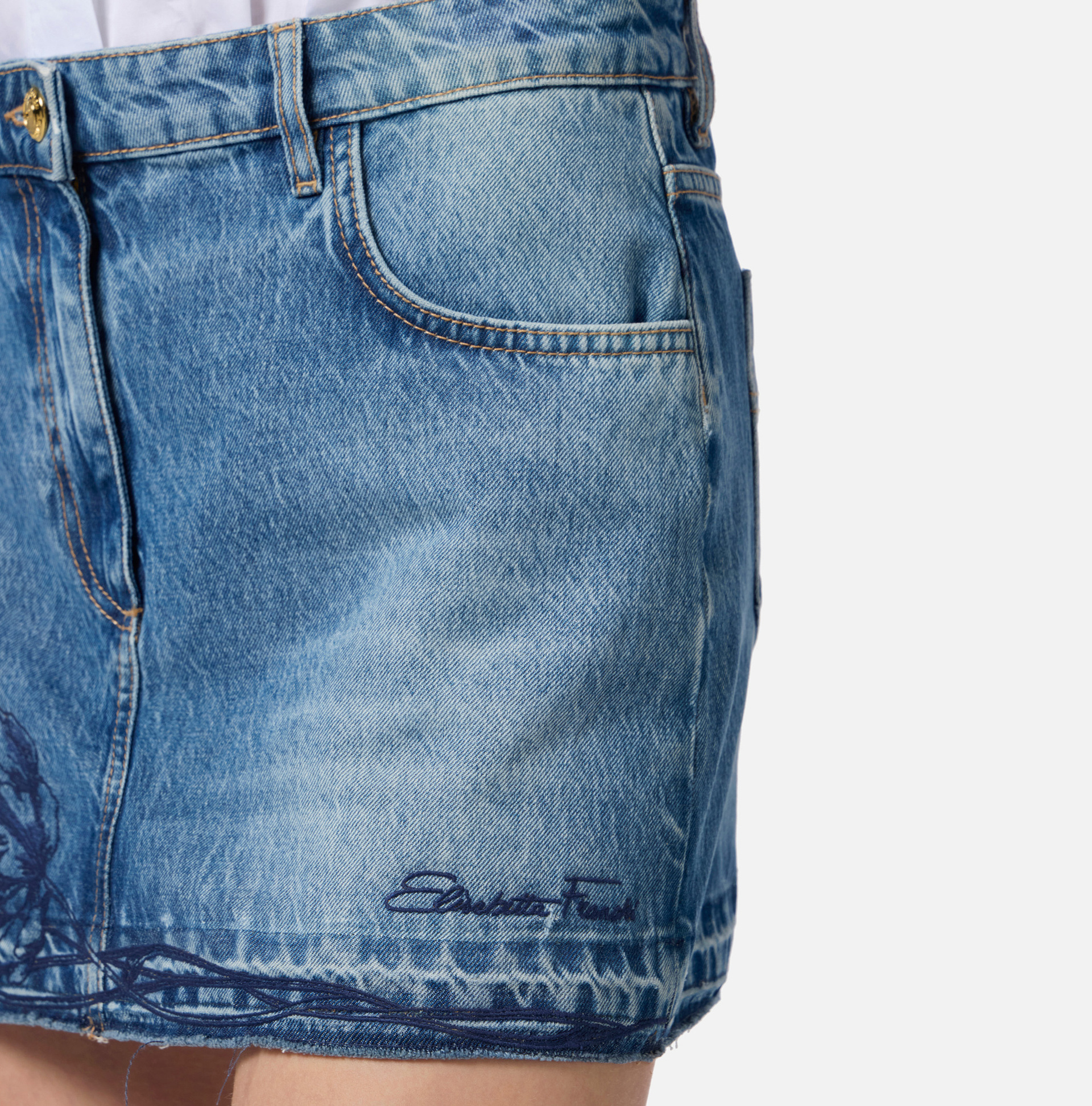 Elisabetta Franchi Denim Miniskirt With Floral Embroidery In Light Denim