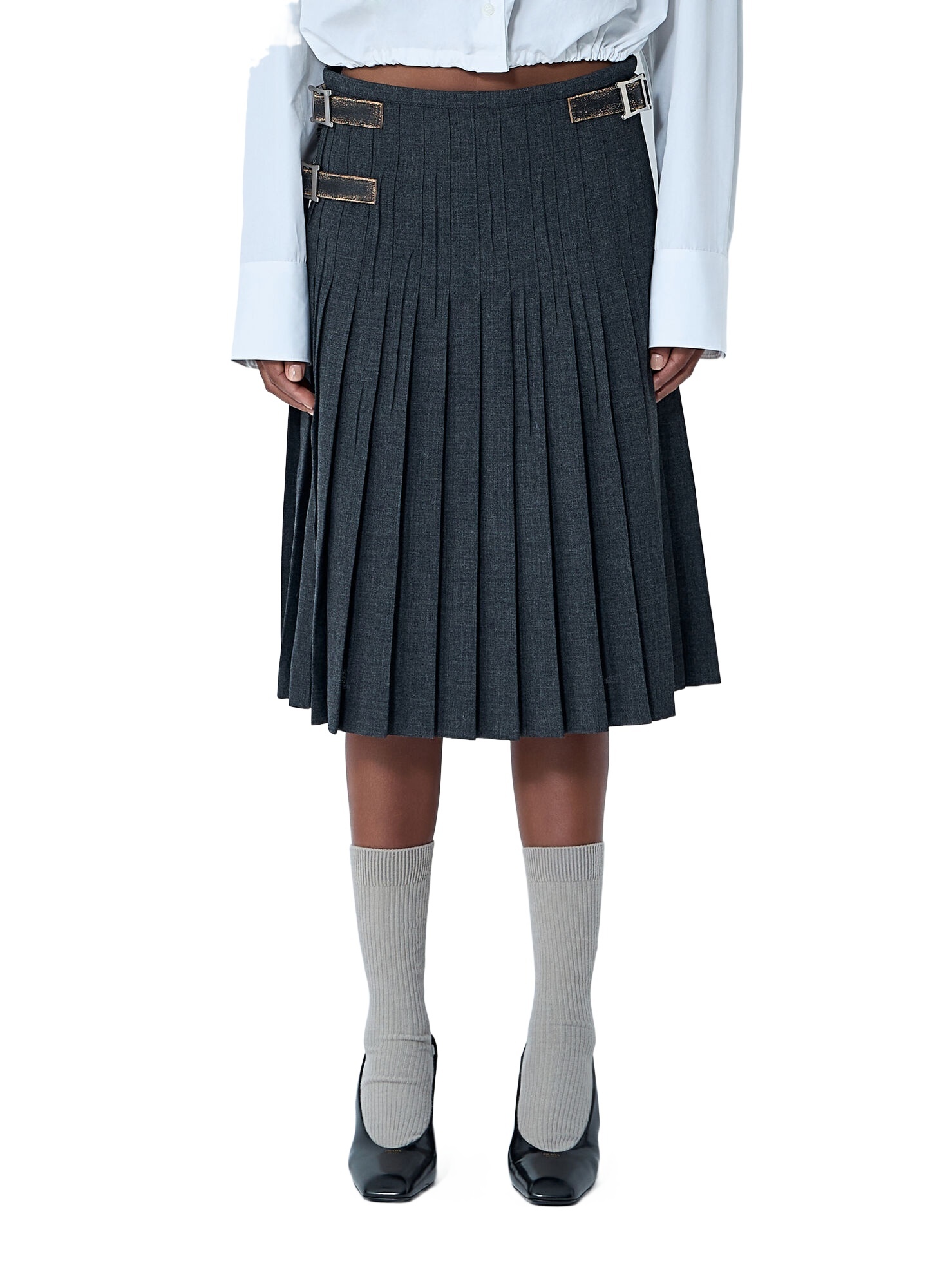Prada Pleated Rush Stitch Skirt With Belt In Gray